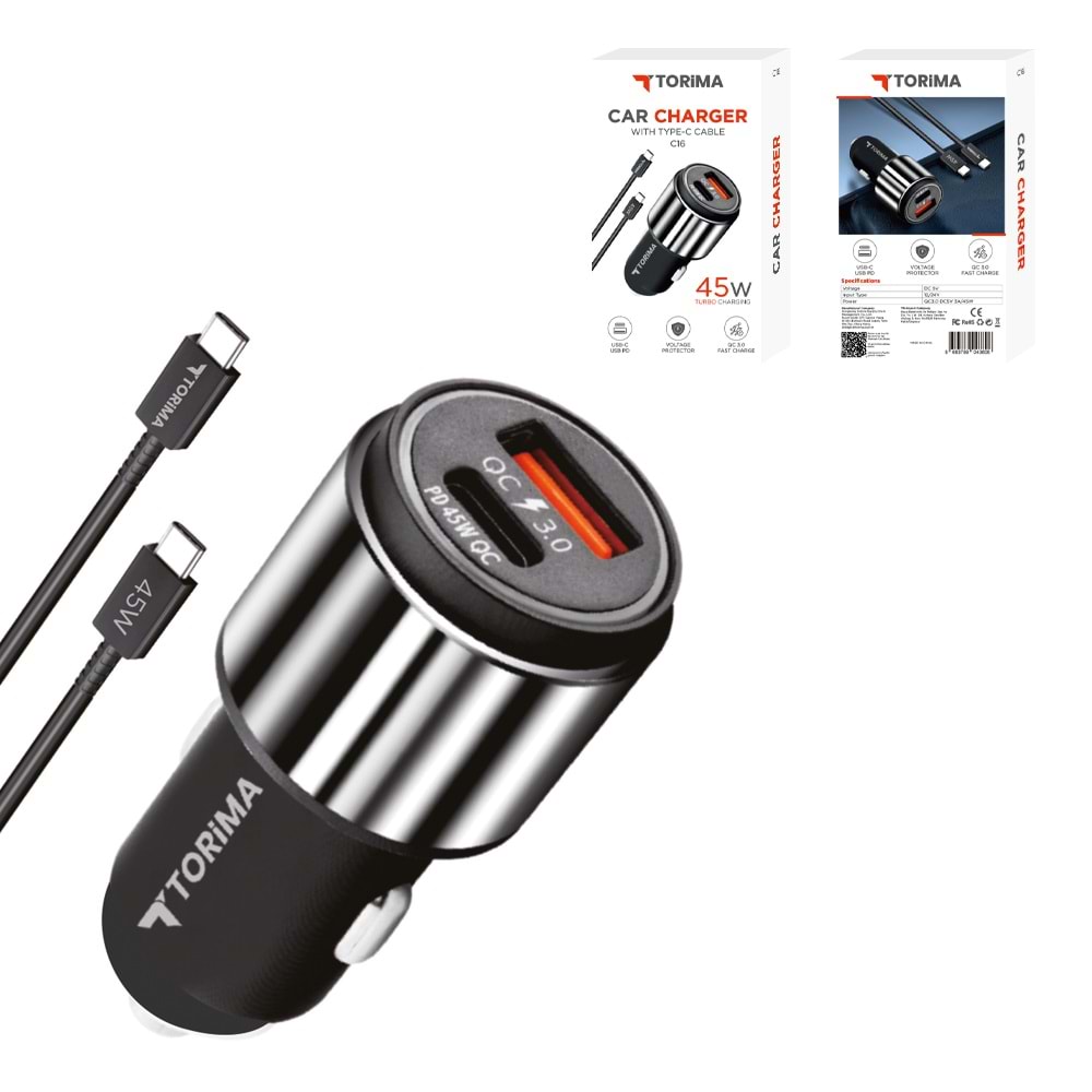 TORIMA C16 SILVER CAR CHARGER TYPE-C TO TYPE-C